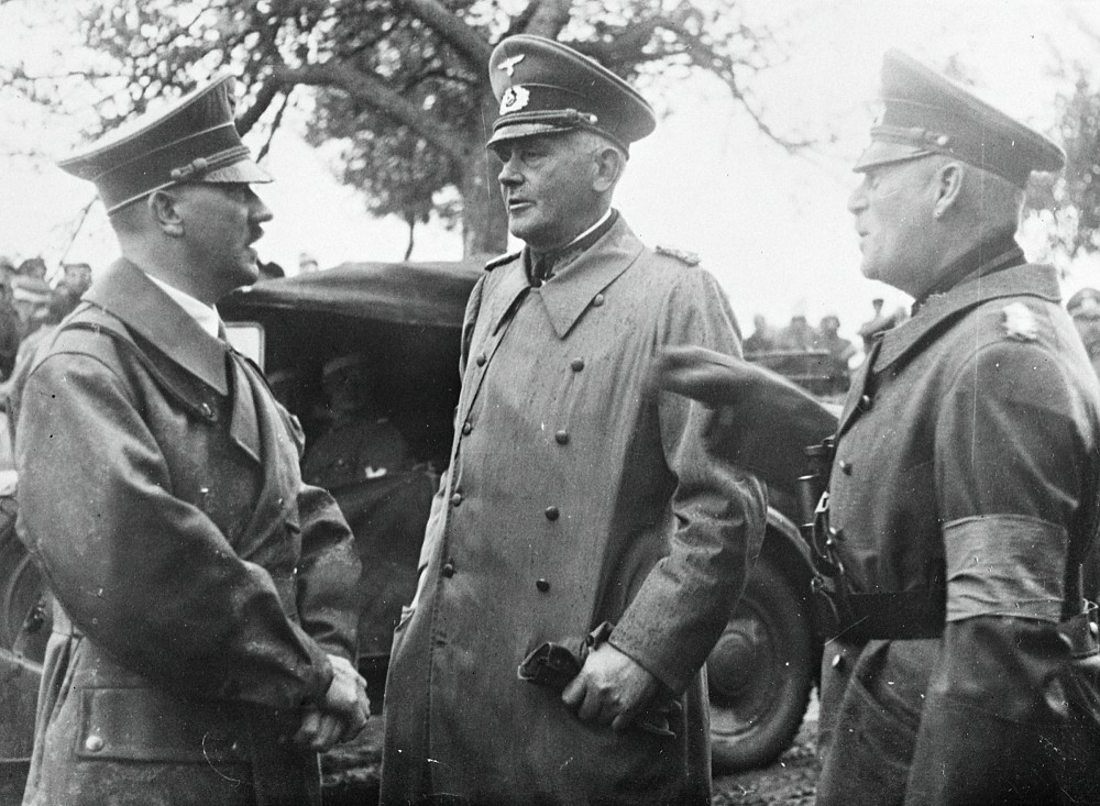 Adolf Hitler with Werner von Blomberg and Wilhelm Keitel at the autumn manoeuvres of the Wehrmacht in Neustrelitz, Mecklenburg
